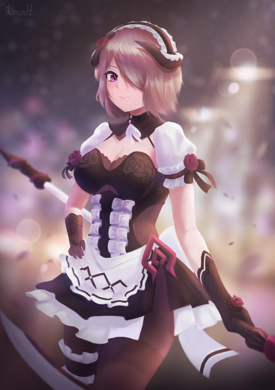 karkovb152, rita rossweisse, rita rossweisse (umbral rose), honkai (series), honkai impact 3rd, highres, 1girl, apron, black dress, black gloves, black pantyhose, blurry, blurry background, breasts, brown hair, cleavage, cleavage cutout, closed mouth, clothing cutout, dress, gloves, hair over one eye, holding, holding scythe, holding weapon, looking at viewer, maid, maid apron, maid headdress, mole, mole under eye, pantyhose, purple eyes, scythe, short hair, solo, waist apron, weapon