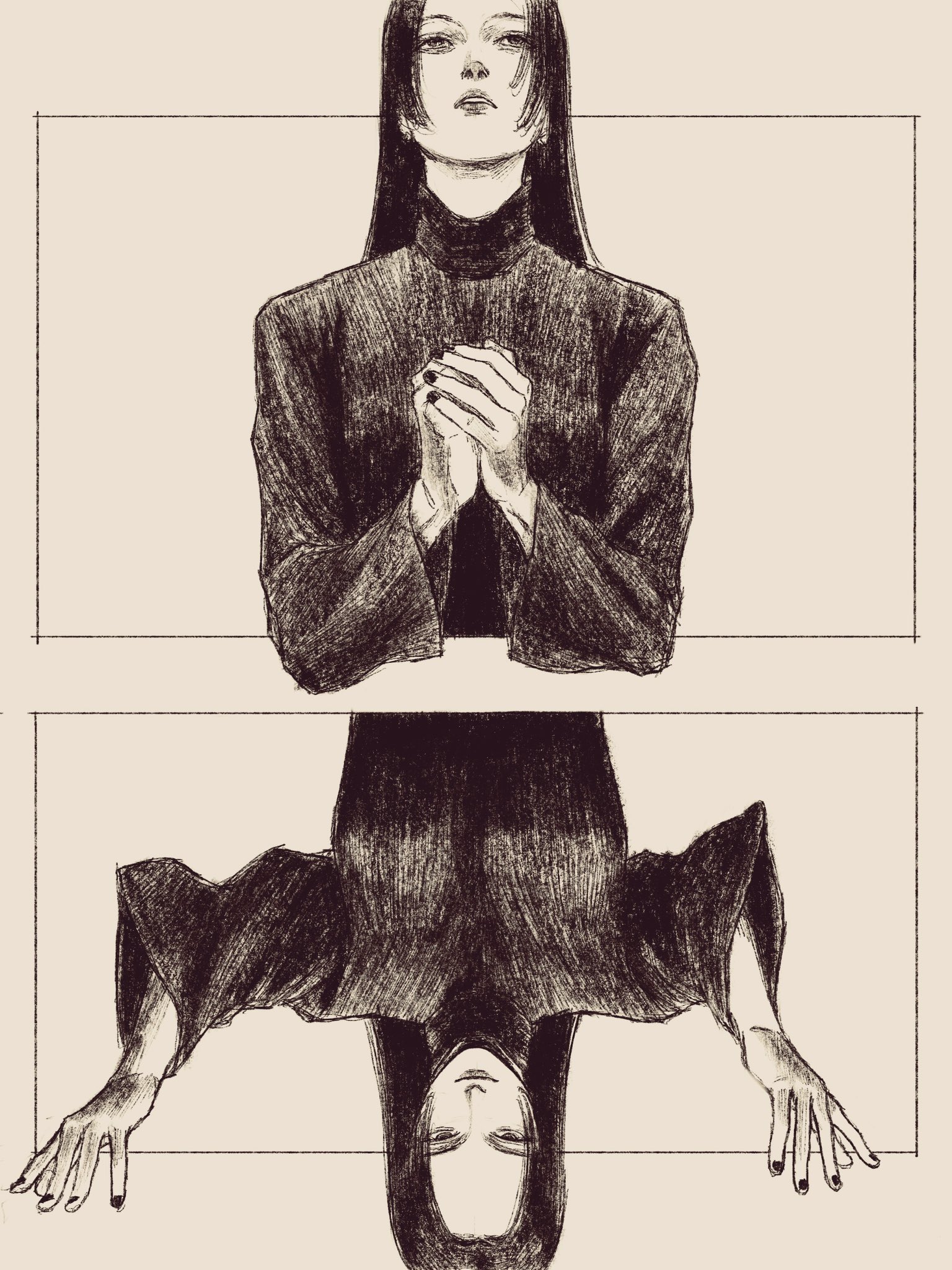 tp p pt, original, highres, 1girl, greyscale, monochrome, multiple views, solo, upside-down