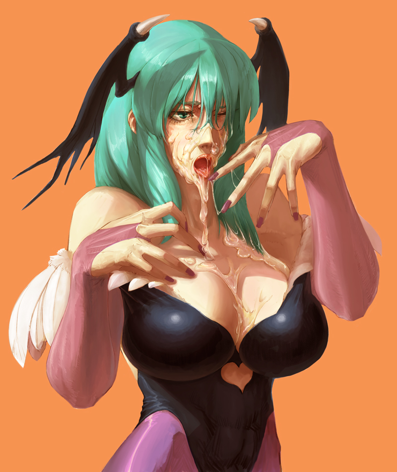 kurohachi, morrigan aensland, capcom, darkstalkers, bad id, bad pixiv id, 1girl, aftersex, breasts, cleavage, cleavage cutout, clothing cutout, corset, cum, cum in mouth, cum on body, cum on breasts, cum on hair, cum on tongue, cum on upper body, cum string, cumdrip, demon girl, elbow gloves, facial, female focus, fingernails, fucked silly, gloves, green eyes, green hair, head wings, heart, heart cutout, huge breasts, lips, lipstick, long fingernails, long hair, makeup, matching hair/eyes, nail polish, one eye closed, open mouth, pantyhose, purple nails, red lips, simple background, solo, spandex, tongue, wings, wink