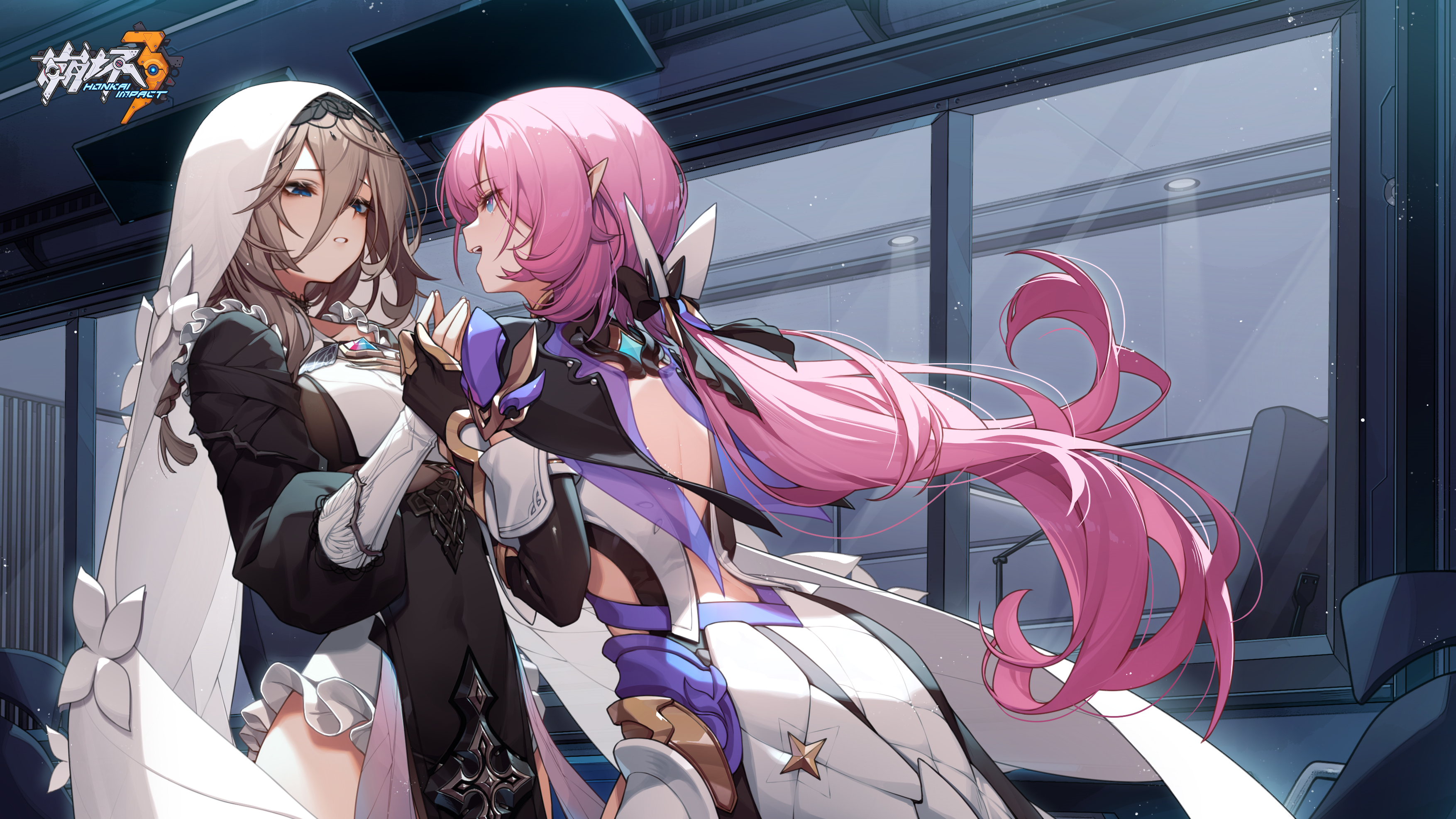 de da xianyu, aponia, elysia (honkai impact), elysia (miss pink elf) (honkai impact), honkai (series), honkai impact 3rd, absurdres, chinese commentary, commentary request, highres, official art, official wallpaper, 2girls, :d, :o, back, black dress, black gloves, blue eyes, brown hair, dress, elf, gloves, hair ornament, holding hands, indoors, long hair, long sleeves, multiple girls, nun, open mouth, pointy ears, ponytail, single glove, smile, veil, very long hair, window