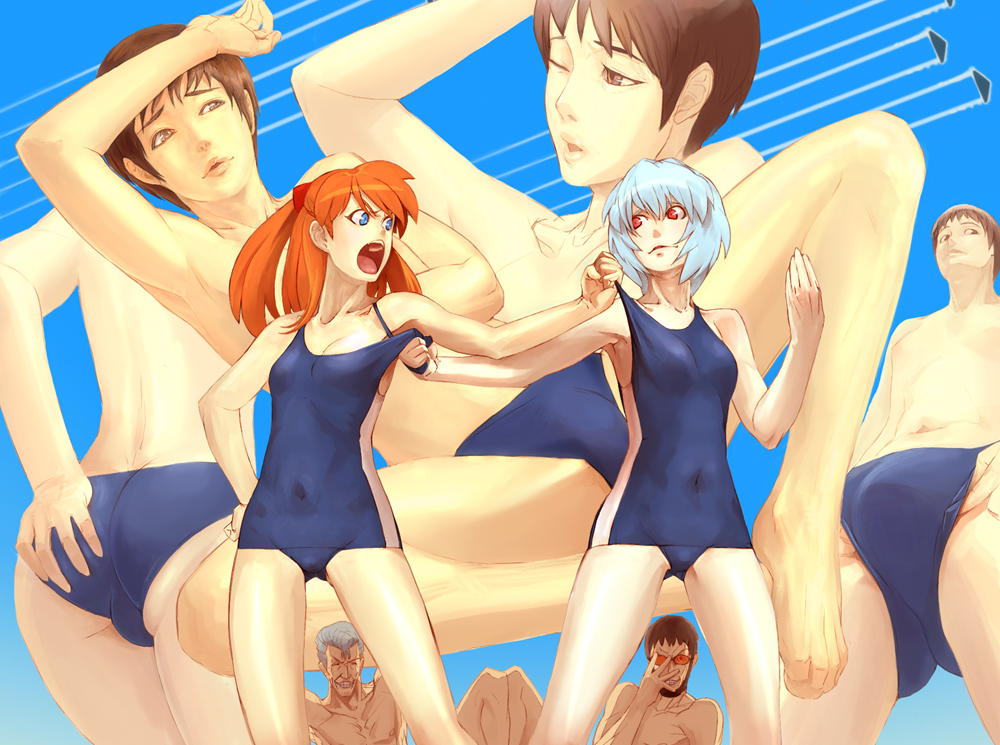 kurohachi, ayanami rei, fuyutsuki kouzou, ikari gendou, ikari shinji, souryuu asuka langley, neon genesis evangelion, bad id, bad pixiv id, 2girls, 3boys, age difference, androgynous, armpits, barefoot, battle, blue hair, bulge, butt crack, clothes pull, father and son, fighting, fighting stance, male swimwear, multiple boys, multiple girls, one-piece swimsuit, one-piece swimsuit pull, pulling another's clothes, school swimsuit, single vertical stripe, swim trunks, swimsuit, what