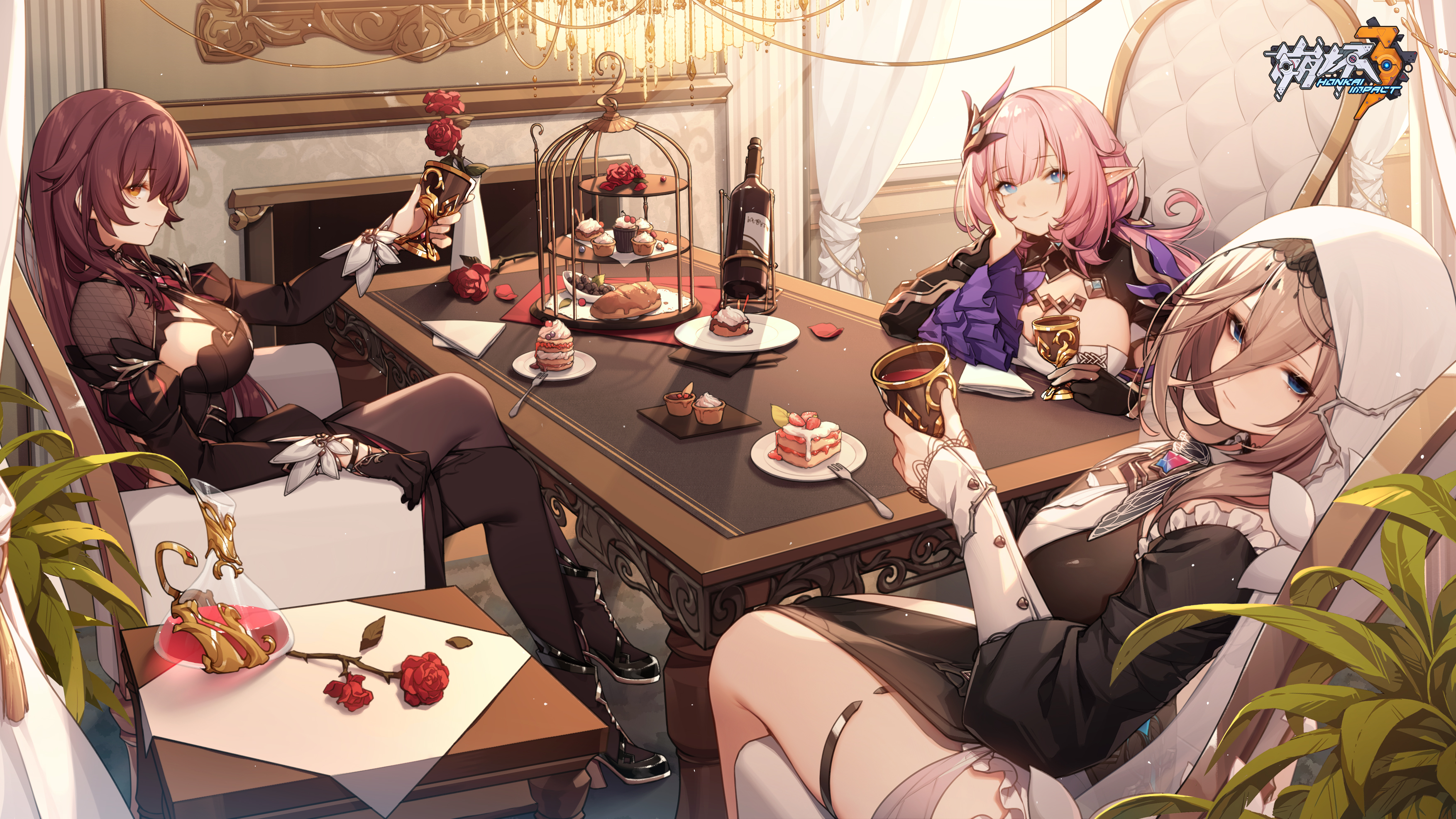de da xianyu, aponia, eden (honkai impact), elysia (honkai impact), elysia (miss pink elf) (honkai impact), honkai (series), honkai impact 3rd, absurdres, chinese commentary, commentary request, highres, official art, official wallpaper, 3girls, alcohol, black boots, blue eyes, boots, bottle, breasts, brown hair, cake, cake slice, chair, chalice, closed mouth, crossed legs, cup, curtains, dress, drinking glass, elf, fireplace, flower, food, fork, hair ornament, hand on own cheek, hand on own face, holding, holding cup, indoors, jug (bottle), long hair, long sleeves, looking at viewer, multiple girls, nun, pantyhose, petals, pink hair, plate, pointy ears, ponytail, purple dress, purple eyes, purple hair, purple pantyhose, red flower, red rose, red wine, rose, sitting, smile, table, thighhighs, tiered tray, window, wine, wine bottle, wine glass, yellow eyes