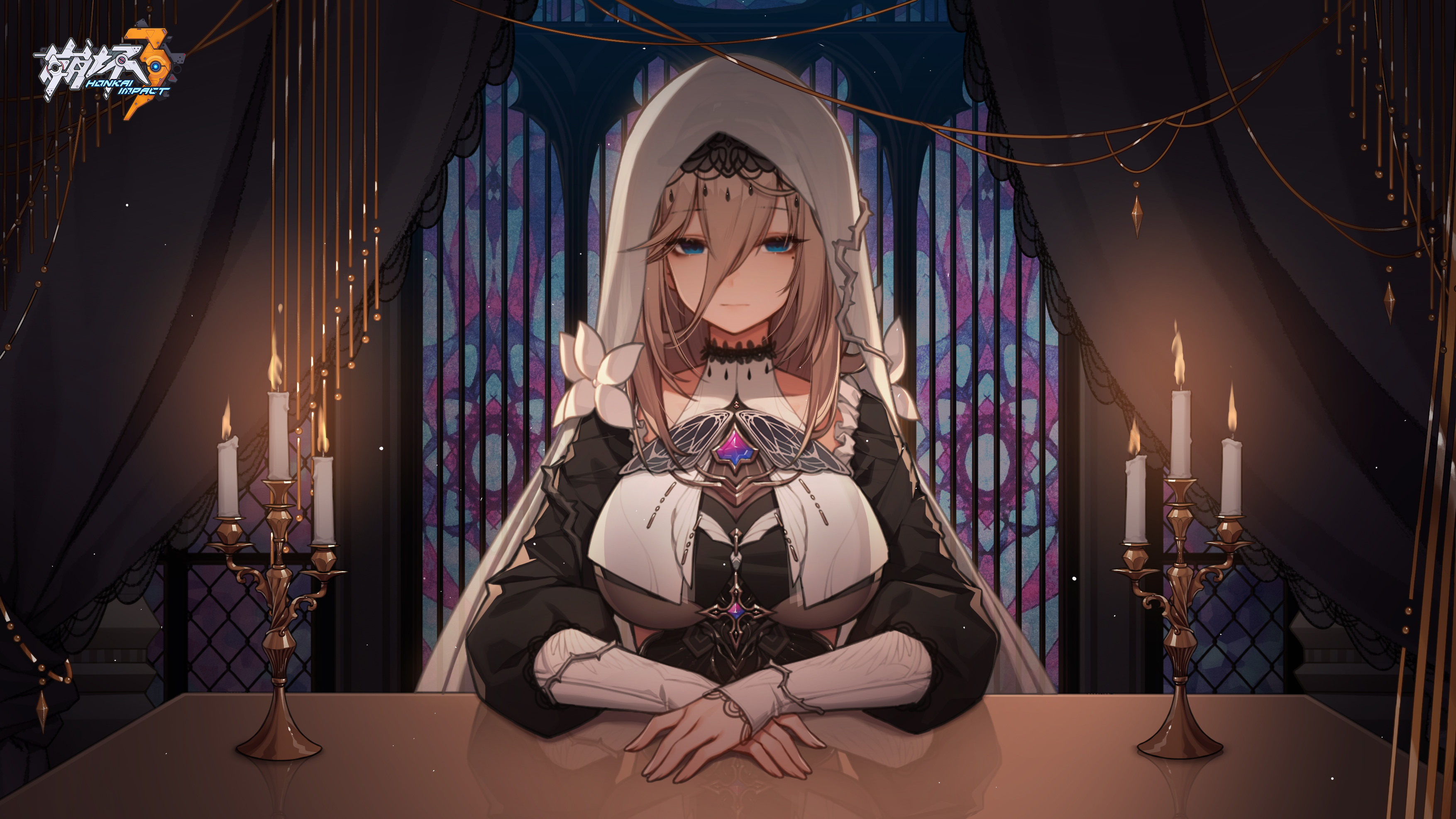 aponia, honkai (series), honkai impact 3rd, absurdres, commentary request, highres, official art, 1girl, black dress, breasts, brown hair, candle, chinese clothes, closed mouth, curtains, dress, indoors, large breasts, long hair, long sleeves, looking at viewer, nun, solo, table, underboob, veil, window
