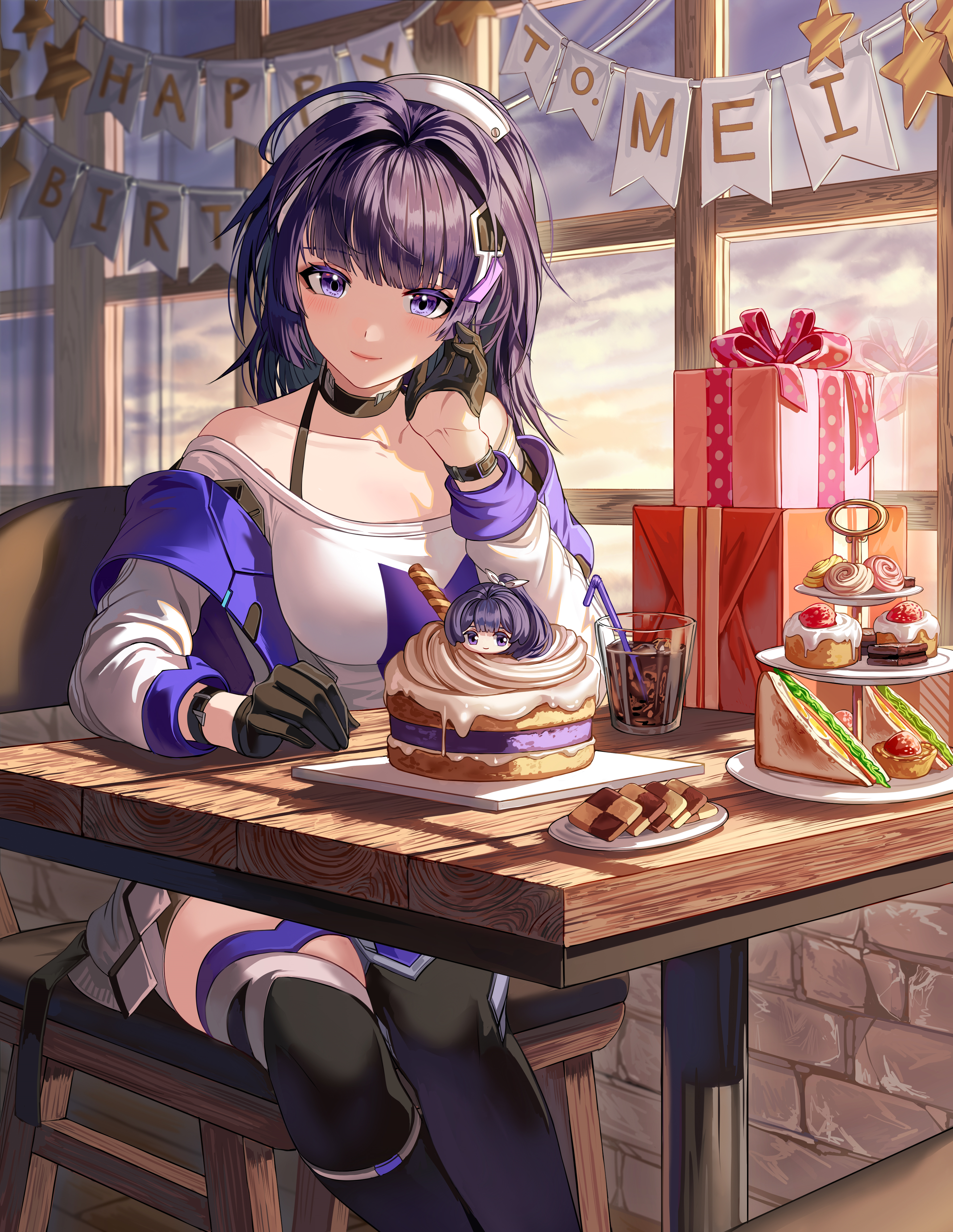 silence girl, raiden mei, raiden mei (striker fulminata), honkai (series), honkai impact 3rd, absurdres, chinese commentary, commentary request, highres, second-party source, 1girl, birthday cake, birthday party, black boots, black gloves, boots, box, cake, character name, checkerboard cookie, choker, cinnamon roll, closed mouth, cloud, cloudy sky, cookie, cup, cupcake, drinking glass, drinking straw, food, gift, gift box, glass, gloves, hair intakes, half gloves, hand on own cheek, hand on own face, happy birthday, jacket, juice, legs together, letter banner, light smile, long hair, long sleeves, looking at viewer, meringue, off-shoulder shirt, off shoulder, ponytail, purple eyes, purple hair, sandwich, sandwich cookie, shirt, sitting, sky, smile, solo, table, tart (food), thigh boots, thighhighs, tiered tray, wafer stick, white jacket, white shirt, window, wooden table, wristband