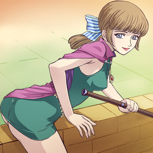 haruyama kazunori, mari (kurenai sanshiro), marie (kurenai sanshiro), kurenai sanshiro, tatsunoko production, striped, wall, lowres, 1960s (style), 1girl, ass, bent over, blue eyes, bow, breasts, brown hair, cape, covered erect nipples, female focus, hair bow, jewelry, lipstick, makeup, medium breasts, necklace, no panties, oldschool, ponytail, retro artstyle, ribbon, smile, solo, straddling