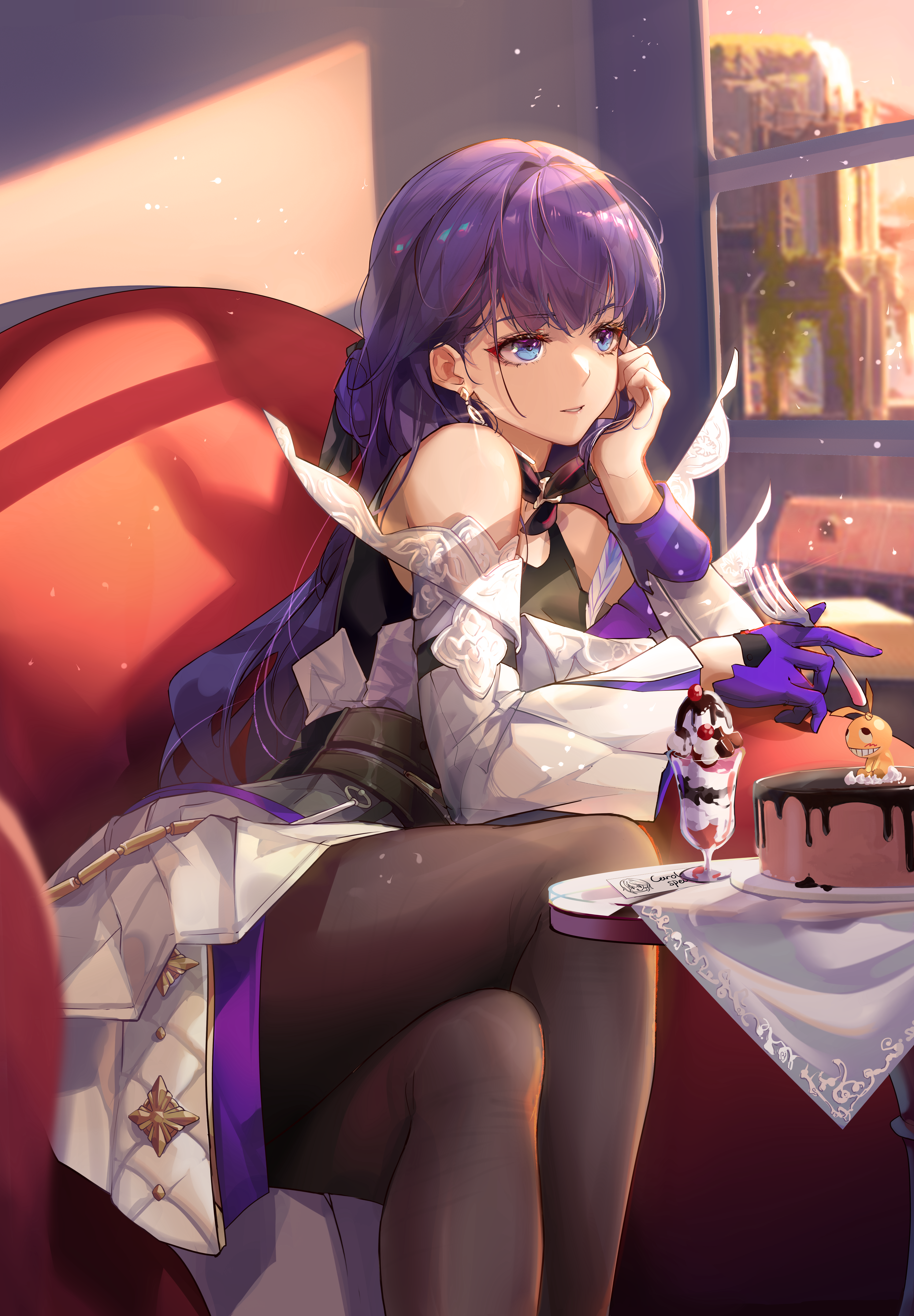 zomzomzomsauce, homu (honkai impact), raiden mei, raiden mei (apho), honkai (series), honkai impact 3rd, absurdres, chinese commentary, commentary request, highres, second-party source, 1girl, bandages, bare shoulders, birthday cake, brown pantyhose, cake, chair, crossed legs, earrings, food, fork, gloves, hand on own cheek, hand on own face, happy birthday, holding, holding fork, ice cream, jewelry, long hair, long sleeves, off-shoulder shirt, off shoulder, orange sky, pantyhose, purple eyes, purple gloves, purple hair, shirt, single glove, sitting, sky, solo, sundae, table, white shirt, window