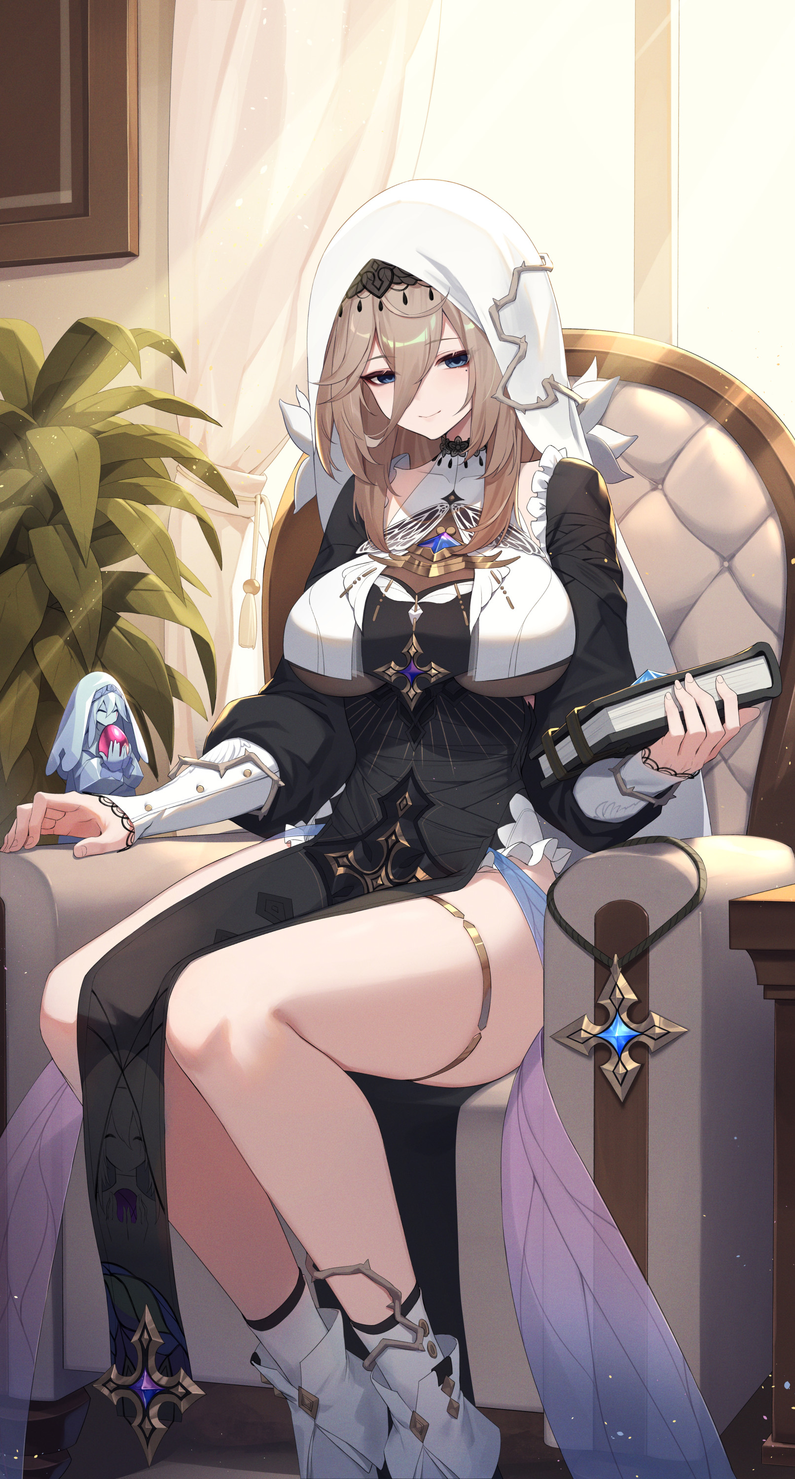 raijuu (bakanara), aponia, honkai (series), honkai impact 3rd, absurdres, chinese commentary, commentary request, highres, second-party source, 1girl, black dress, blonde hair, blue eyes, blush, book, boots, breasts, chair, closed mouth, curtains, dress, hair between eyes, holding, holding book, indoors, large breasts, light rays, long bangs, long hair, long sleeves, looking at viewer, nun, on chair, pelvic curtain, plant, potted plant, sitting, smile, solo, statuette, sunlight, thigh strap, thighs, veil, white boots, window