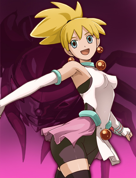 haruyama kazunori, corona (spider riders), venus (spider riders), spider riders, 00s, 1girl, armpits, belt, bike shorts, black thighhighs, blonde hair, blue eyes, breasts, bug, covered erect nipples, detached sleeves, earrings, elbow gloves, female focus, fingerless gloves, gloves, jewelry, medium breasts, outstretched arms, ponytail, skirt, smile, solo, spider, spread arms, thighhighs, wristband, zettai ryouiki