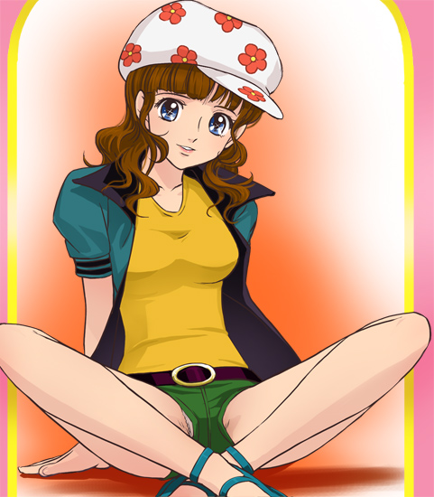 haruyama kazunori, coco (mon cheri coco), mon cheri coco, 1970s (style), 1girl, arm support, arms behind back, belt, blue eyes, brown hair, female focus, flower, hat, indian style, lipstick, makeup, oldschool, open clothes, open shirt, panties, pantyshot, pink panties, retro artstyle, shirt, shoes, short shorts, shorts, sitting, smile, solo, underwear, upshorts