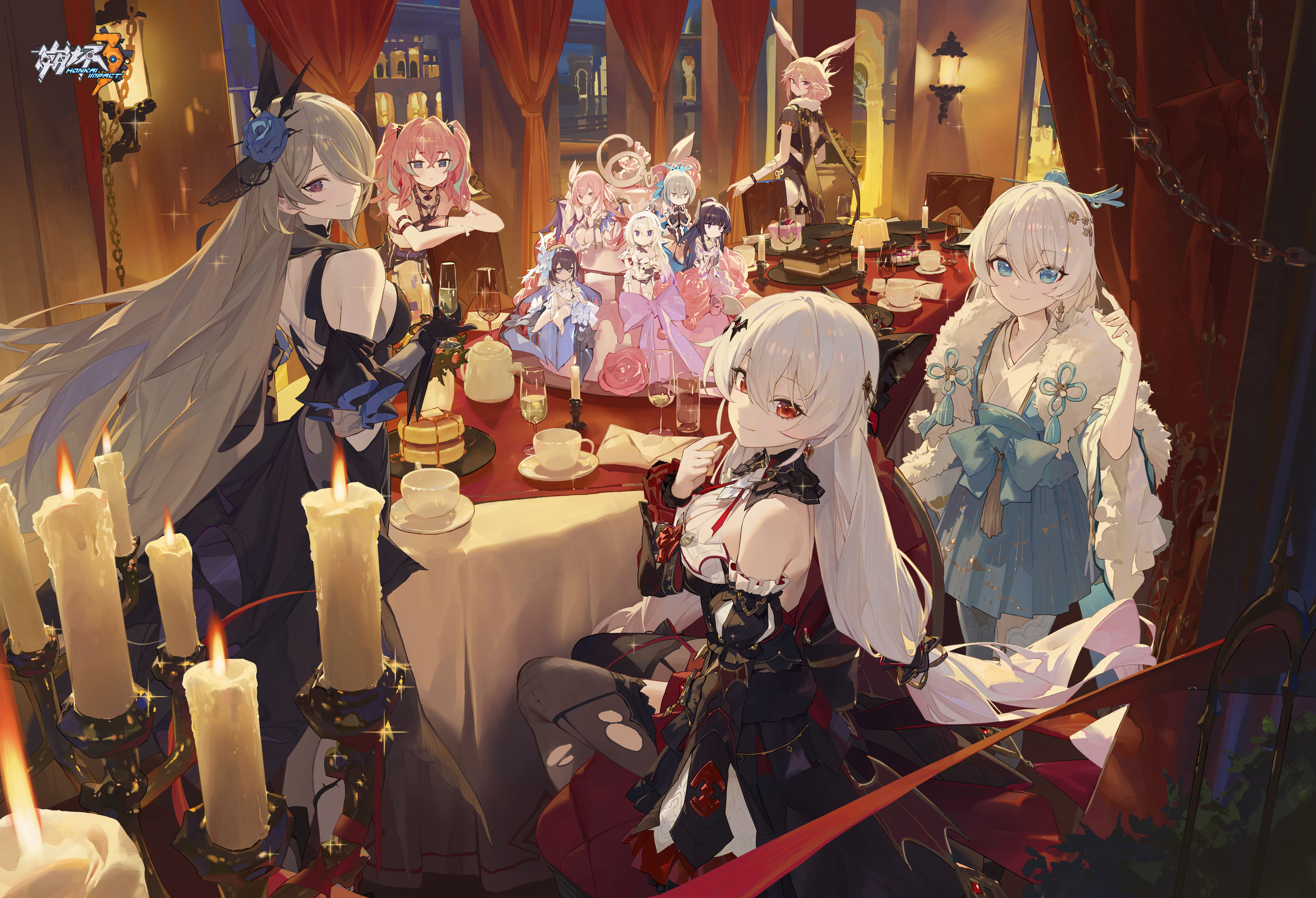 modare, bronya zaychik, bronya zaychik (herrscher of truth), delta (8-bit fever) (honkai impact), delta (honkai impact), elysia (herrscher of human: ego) (honkai impact), elysia (honkai impact), kiana kaslana, kiana kaslana (herrscher of finality), raiden mei, raiden mei (herrscher of origin), rita rossweisse, rita rossweisse (fallen rosemary), rozaliya olenyeva, seele vollerei, seele vollerei (herrscher of rebirth), theresa apocalypse, theresa apocalypse (luna kindred), theresa apocalypse (lunar vow: crimson love), yae kasumi, yae kasumi (peach sanctuary), yae sakura, zhuge kongming (honkai impact), honkai (series), honkai impact 3rd, absurdres, chinese commentary, commentary request, highres, official art, 6+girls, animal ears, anniversary, bare shoulders, black dress, breasts, candle, chinese clothes, cup, detached sleeves, dress, flower, food, grey hair, hair flower, hair ornament, indoors, large breasts, logo, long hair, looking at viewer, multicolored hair, multiple girls, official alternate costume, one eye closed, pancake, pink hair, red eyes, sitting, souffle pancake, streaked hair, twintails, white hair
