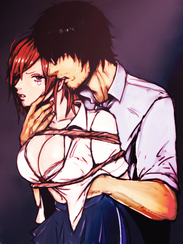 igarashi ran (igatz), igatz, original, biting ear, bad id, bad pixiv id, 1boy, 1girl, bdsm, biting, bondage, bound, bra, breasts, cleavage, forced, hand on another's neck, huge breasts, lingerie, neck grab, red hair, rope, tears, underwear