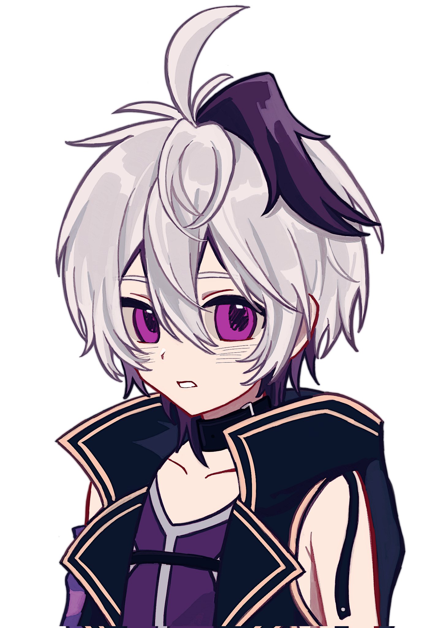 flower (vocaloid), flower (vocaloid4), vocaloid, corrupted twitter file, highres, 1girl, 7umu91, ahoge, bare shoulders, belt, belt buckle, belt collar, black belt, black collar, black vest, buckle, collar, hair between eyes, looking at viewer, multicolored hair, open clothes, open vest, parted lips, purple eyes, purple hair, purple shirt, shirt, short hair, simple background, sleeveless, sleeveless shirt, solo, streaked hair, two-tone hair, upper body, vest, white background, white hair