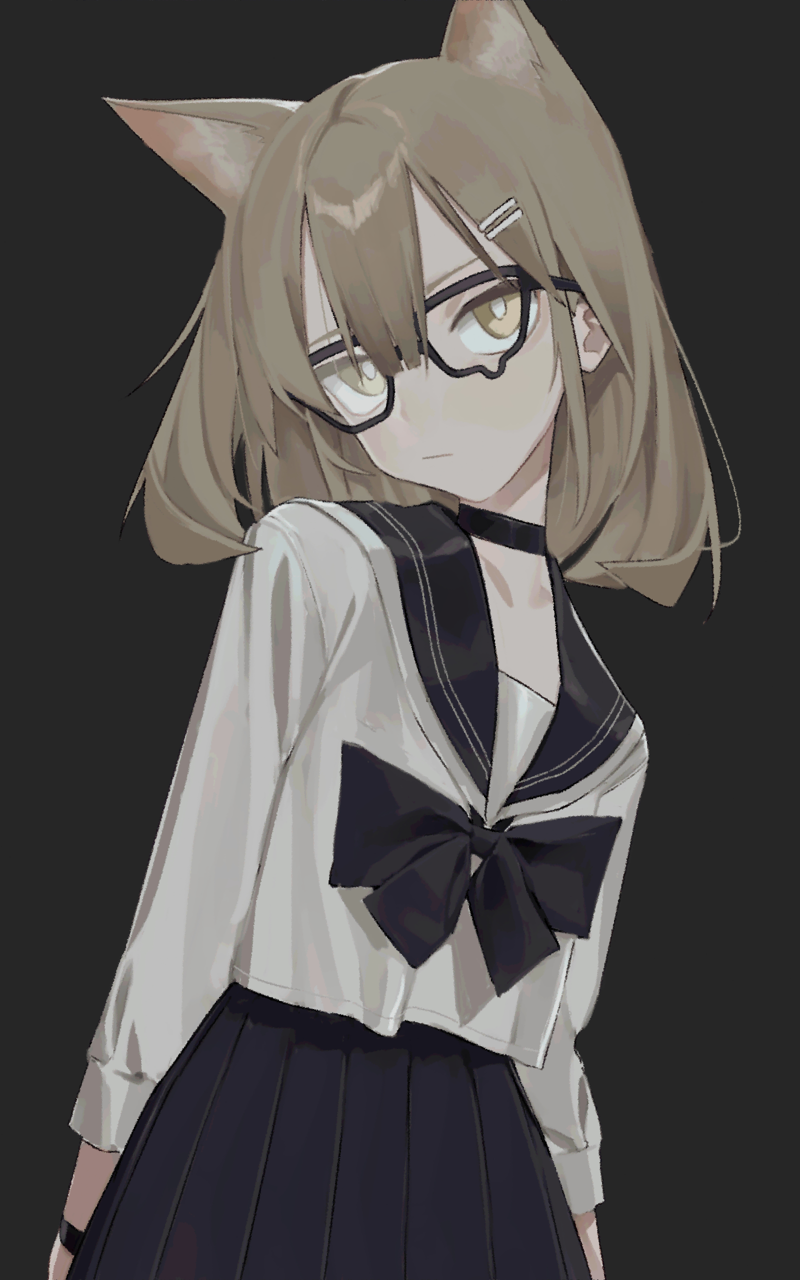saaal653, absurdres, character request, copyright request, highres, 1girl, animal ear fluff, animal ears, black bow, black bowtie, black choker, blonde hair, bow, bowtie, choker, collared shirt, dress, flat chest, glasses, long hair, looking at viewer, pleated dress, sailor collar, school uniform, shirt, solo, standing, white shirt, yellow eyes