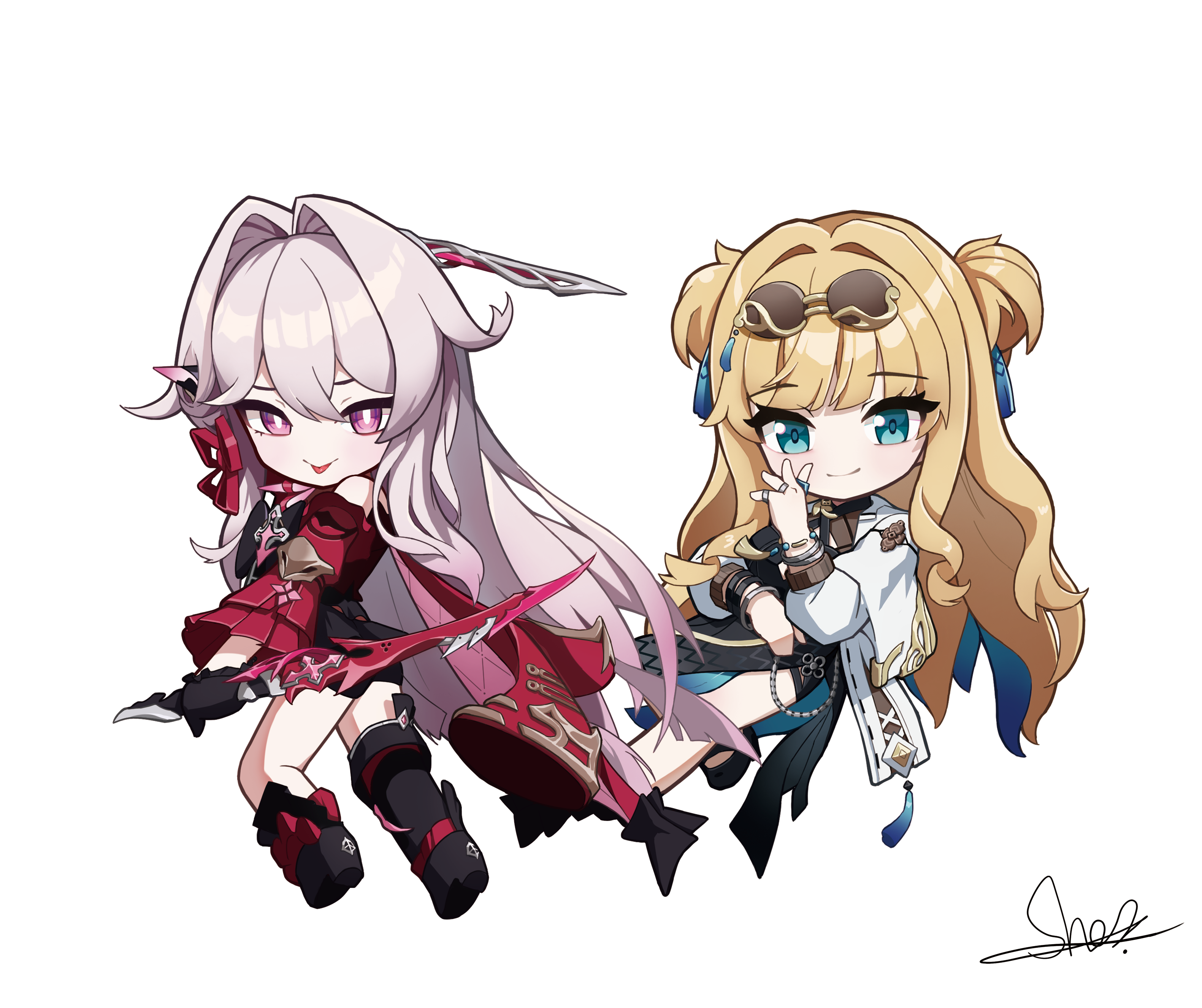 shuni valentine, songque, songque (astralop), thelema nutriscu, thelema nutriscu (mad pleasure: shadowbringer), honkai (series), honkai impact 3rd, absurdres, commentary, english commentary, highres, 2girls, black gloves, blonde hair, bow, chibi, china dress, chinese clothes, closed mouth, dagger, dress, dual wielding, eyewear on head, full body, glasses, gloves, grey hair, hair bow, holding, holding dagger, holding knife, holding weapon, jewelry, knife, long sleeves, looking at viewer, multiple girls, multiple rings, pince-nez, pink eyes, red bow, red dress, reverse grip, ring, signature, simple background, tongue, tongue out, weapon, white background