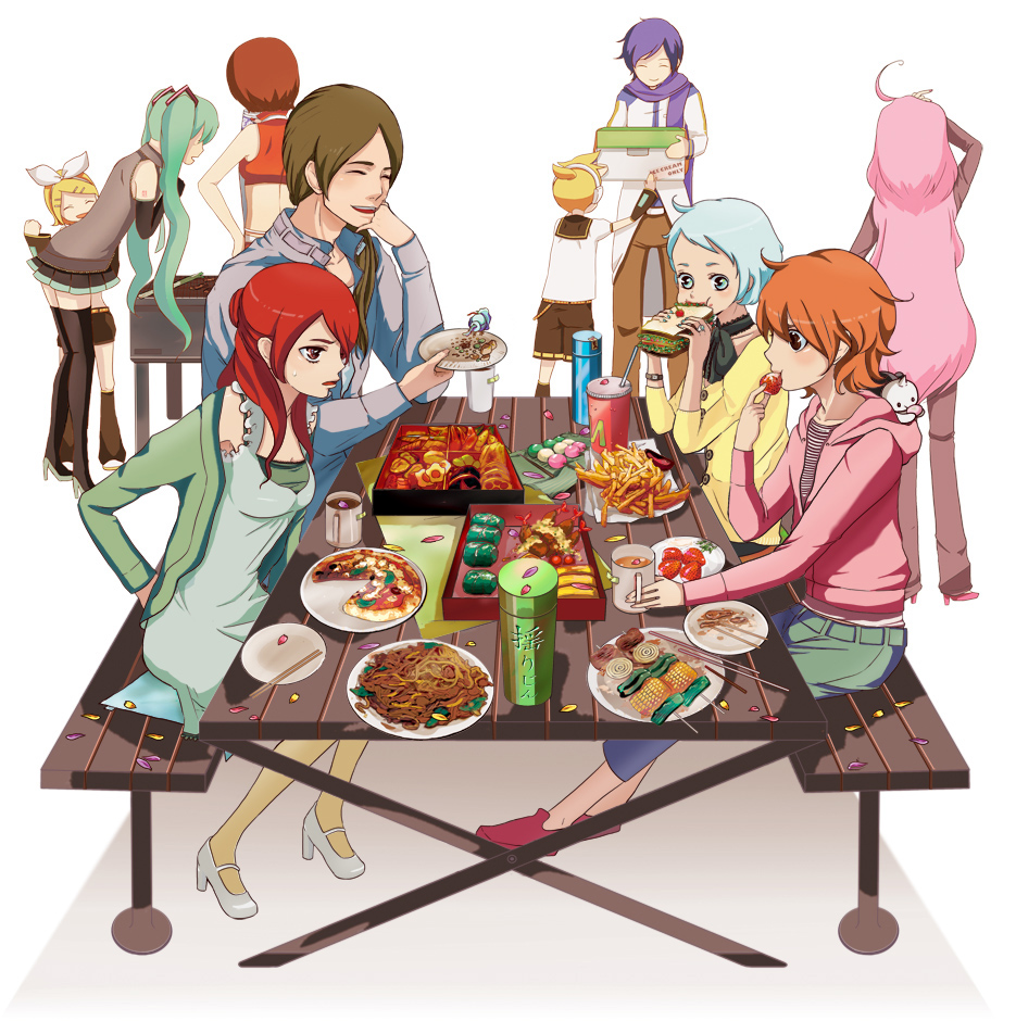 masura, hatsune miku, kagamine len, kagamine rin, kaito (vocaloid), meiko (vocaloid), vocaloid, bad id, bad pixiv id, 3boys, 6+girls, brother and sister, chips (food), dango, eating, food, french fries, fruit, happy, hood basket, multiple boys, multiple girls, picnic, pizza, sandwich, sanshoku dango, shish kebab, siblings, smile, strawberry, thighhighs, twins, wagashi