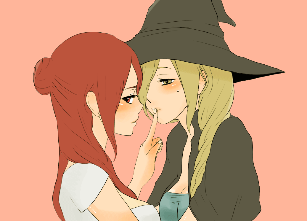 masura, original, bad id, bad pixiv id, 2girls, blonde hair, blush, brown eyes, finger to mouth, hat, long hair, multiple girls, red eyes, red hair, shushing, witch hat, yuri