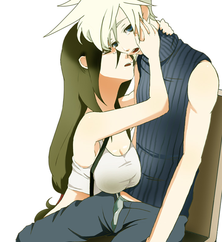 masura, cloud strife, tifa lockhart, final fantasy, final fantasy vii, bad id, bad pixiv id, 1990s (style), 1boy, 1girl, bare shoulders, breast press, breasts, large breasts, open fly, open zipper, retro artstyle, saliva, sleeveless, sleeveless turtleneck, tears, turtleneck, unzipped, zipper