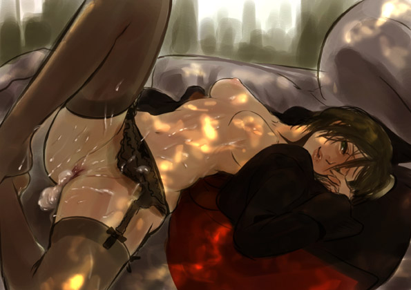 kito (coyo), meiko (vocaloid), vocaloid, 1girl, aftersex, bed, breasts, cum, cum in pussy, dappled sunlight, female focus, garter belt, lips, lying, nipples, nude, open clothes, open shirt, pussy, shirt, solo, spread legs, sunlight, thighhighs, uncensored