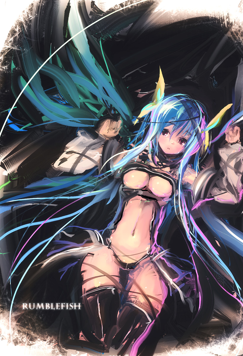 refeia, dizzy (guilty gear), arc system works, guilty gear, highres, 1girl, asymmetrical wings, blue hair, bow, breasts, curvy, female focus, large breasts, midriff, red eyes, solo, tail, thighhighs, underboob, wings