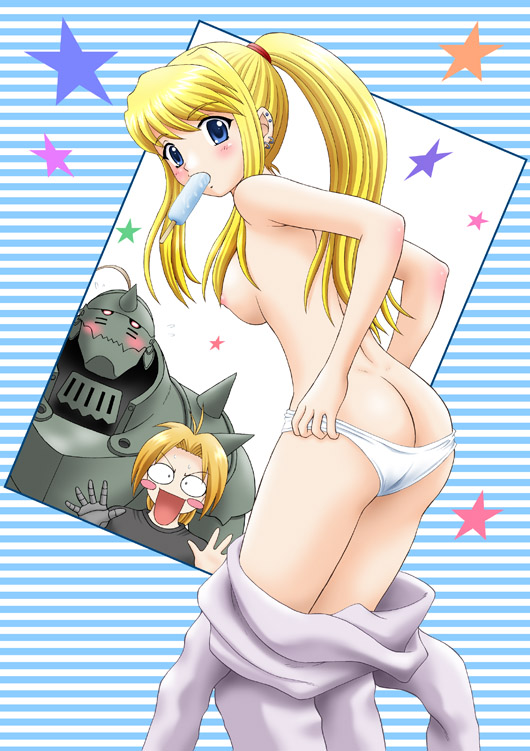 yasu rintarou, alphonse elric, edward elric, winry rockbell, fullmetal alchemist, 00s, 1girl, 2boys, armor, ass, blonde hair, blue eyes, blush, blush stickers, breasts, caught, clothes pull, dimples of venus, earrings, food, jewelry, looking back, medium breasts, mouth hold, multiple boys, panties, pants, pants pull, panty pull, ponytail, popsicle, striped background, topless female, underwear, undressing, white panties