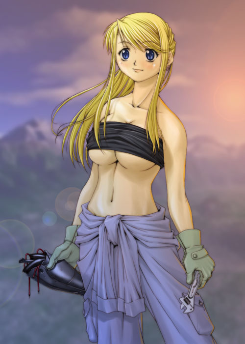 winry rockbell, fullmetal alchemist, 00s, 1girl, bandeau, blonde hair, blue eyes, blush, breasts, collarbone, earrings, female focus, gloves, jewelry, large breasts, long hair, mechanic, midriff, navel, smile, solo, strapless, tomboy, tube top, underboob, wrench