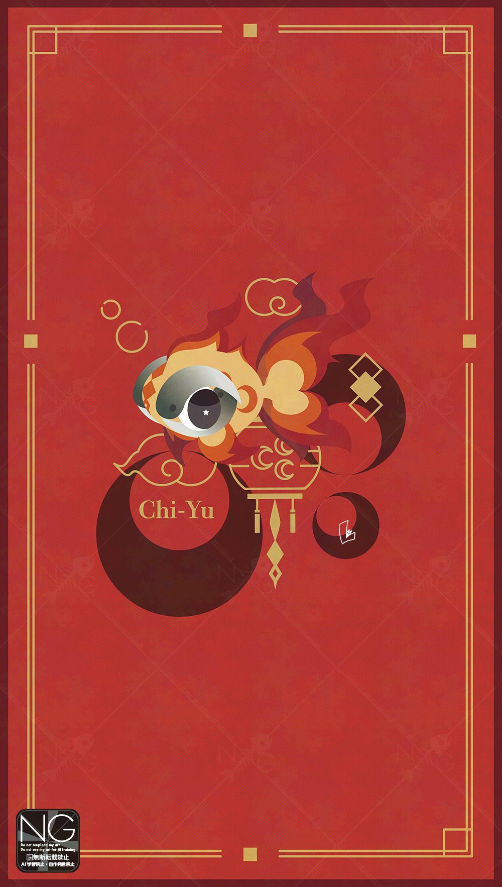 meme (artist), chi-yu (pokemon), nintendo, pokemon, highres, animal focus, black eyes, crescent moon, fish, full body, goldfish, lantern, looking at viewer, moon, no humans, paper lantern, pokemon (creature), pokemon focus