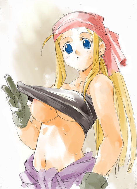 winry rockbell, fullmetal alchemist, 00s, 1girl, bandana, bandeau, blonde hair, blue eyes, breasts, clothes lift, earrings, female focus, gloves, jewelry, long hair, mechanic, midriff, navel, nipples, ponytail, shirt lift, solo, strapless, sweat, tomboy, tube top, tube top lift, underboob