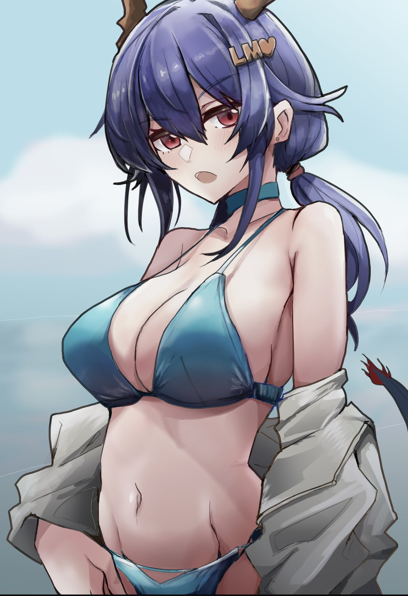 ch'en (arknights), arknights, commentary request, highres, 1girl, :o, bare shoulders, bikini, blue bikini, blue choker, blue hair, blurry, blurry background, breasts, brown horns, choker, cleavage, cloud, collarbone, day, dragon tail, earrings, gradient eyes, hair between eyes, hair ornament, heart, heart hair ornament, horns, jacket, jacket partially removed, jewelry, large breasts, lastmatch500, light blush, long sidelocks, looking at viewer, medium hair, multicolored eyes, navel, open mouth, outdoors, ponytail, red eyes, sidelocks, simple background, solo, stomach, swimsuit, tail, upper body