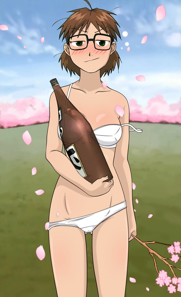 sheska (fma), fullmetal alchemist, artist request, 00s, 1girl, alcohol, blush, bra, brown hair, cherry blossoms, drunk, female focus, flower, glasses, lingerie, nature, panties, sake, short hair, solo, strap slip, underwear, underwear only