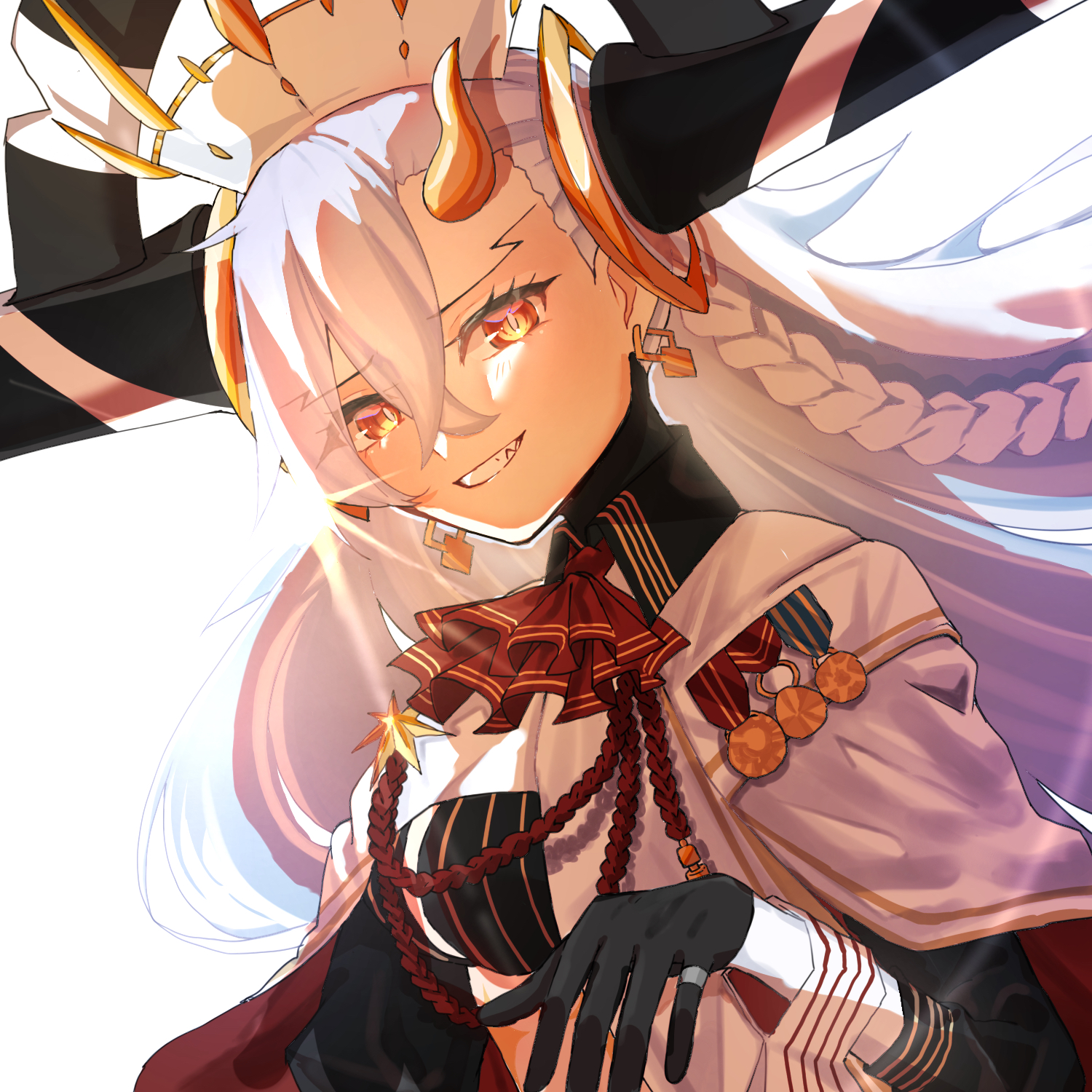 t maguo, olga marie animusphere, u-olga marie, u-olga marie (second ascension), fate/grand order, fate (series), commentary request, highres, 1girl, ascot, black gloves, braid, earrings, floating hair, gloves, gold trim, grin, hat, horns, jewelry, long hair, looking at viewer, orange eyes, red ascot, ring, sharp teeth, simple background, single horn, smile, solo, symbol-shaped pupils, teeth, white background, white hair, white hat, yellow horns