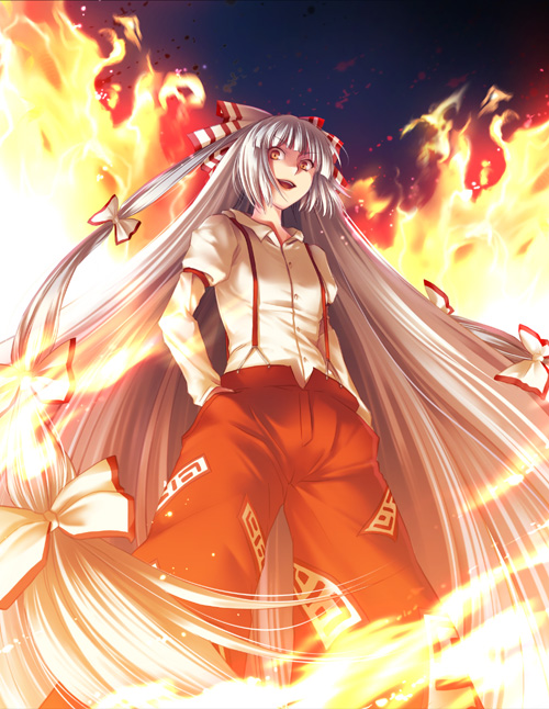 490 (spinoza490), fujiwara no mokou, touhou, 1girl, female focus, fire, long hair, ribbon, solo, standing, white hair