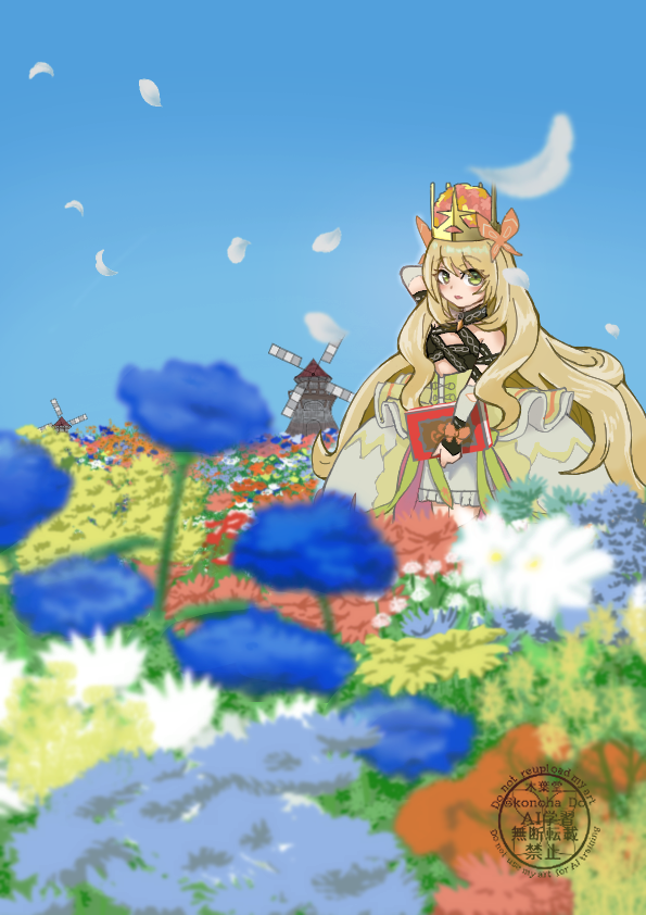 celine (fire emblem), fire emblem, fire emblem engage, nintendo, 1girl, bow, butterfly hair ornament, crown, dress, dress bow, field, flower, flower field, gem, green eyes, hair ornament, konoha do, orange bow, orange gemstone, princess, windmill, wrist bow, yellow dress