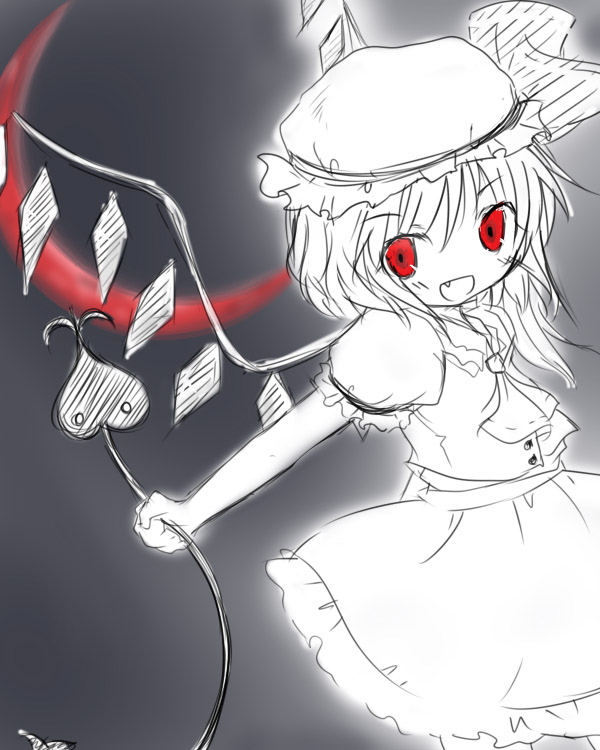 suzu (yumesora), flandre scarlet, touhou, 1girl, crescent moon, fang, female focus, grey background, hat, laevatein, mob cap, monochrome, moon, red eyes, red moon, ribbon, short hair, solo, spot color, wings