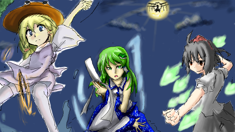 harisen (pixiv12004), inubashiri isumi, kochiya sanae, moriya suwako, shameimaru aya, touhou, bad id, bad pixiv id, 3girls, black hair, blonde hair, female focus, green hair, hat, japanese clothes, long hair, miko, multiple girls, oekaki, short hair