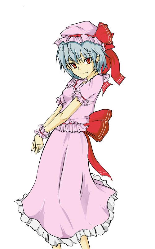 ake (akemeno), remilia scarlet, touhou, bad id, md5 mismatch, resolution mismatch, source larger, 1girl, bad anatomy, blue hair, female focus, hat, red eyes, ribbon, short hair, simple background, solo, white background, wrist cuffs