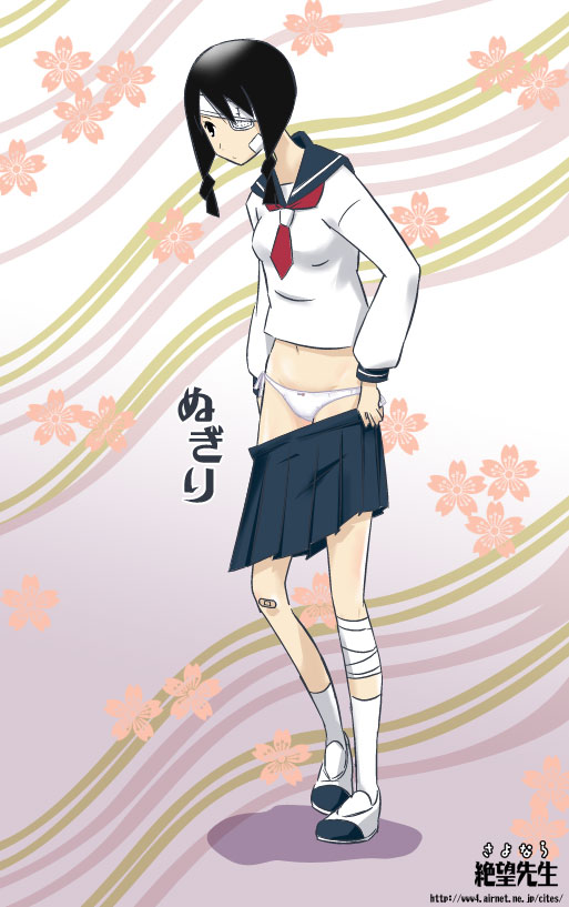 sakebuotoko, kobushi abiru, sayonara zetsubou sensei, bad id, bad pixiv id, 00s, 1girl, bandages, bandaid, bandaid on knee, bandaid on leg, black hair, bow, bow panties, braid, cherry blossoms, clothes pull, dressing, eyepatch, female focus, floral background, full body, panties, school uniform, serafuku, skirt, skirt pull, socks, solo, twin braids, underwear, undressing, white panties