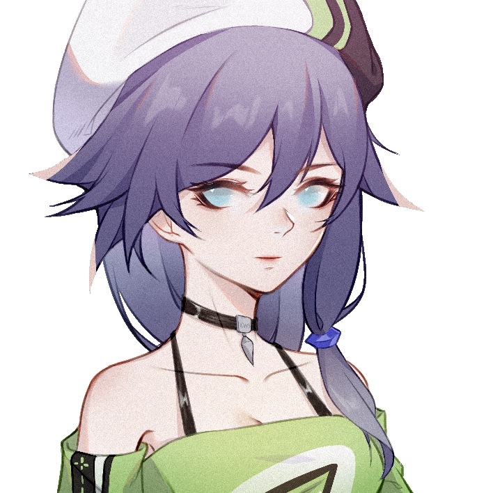 fu hua, fu hua (night squire), fu hua (spring traveler), honkai (series), honkai impact 3rd, 1girl, beret, black hair, blue eyes, breasts, casual, cleavage, closed mouth, collarbone, green shirt, hat, long hair, looking at viewer, medium breasts, sammdr, shirt, simple background, solo, upper body, white background