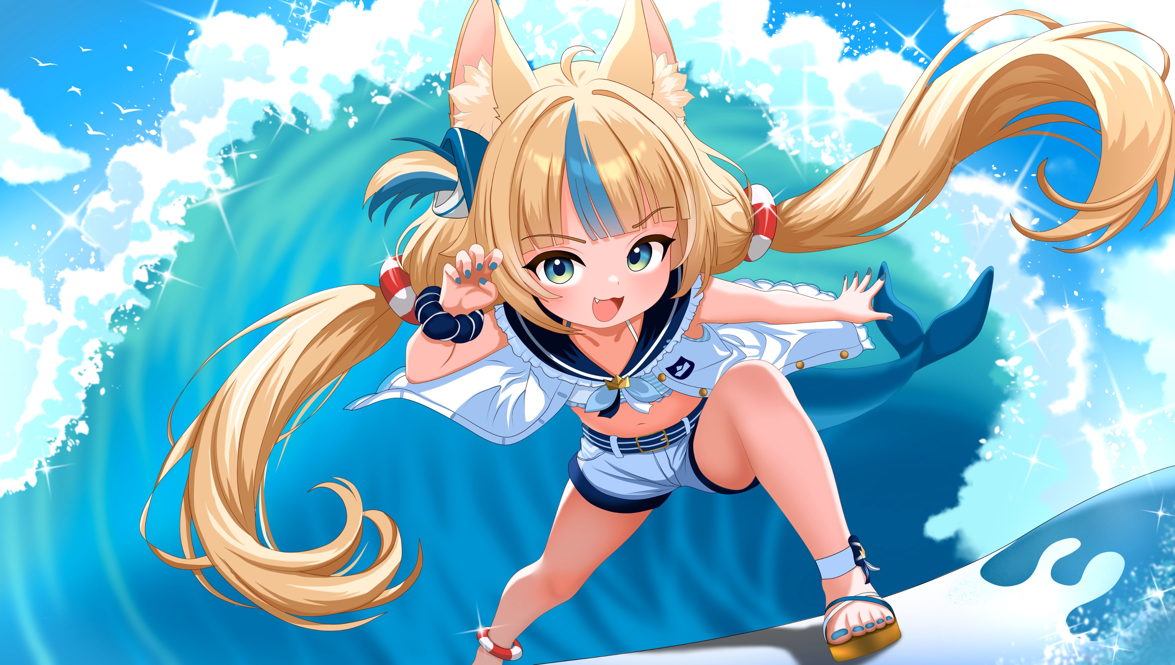 furfik, sameko saba, indie virtual youtuber, absurdres, highres, 1girl, :d, animal ear fluff, animal ears, bare legs, bikini, blonde hair, blue eyes, blue streaks, day, feet, foot out of frame, long hair, looking at viewer, low twintails, midriff, multicolored hair, navel, open mouth, outdoors, short shorts, shorts, sky, smile, solo, stomach, streaked hair, swimsuit, tail, twintails, two-tone hair, very long hair, virtual youtuber