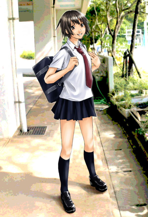 sakebuotoko, original, bag, brown hair, legs, necktie, road, school uniform, serafuku, shoes, short hair, skirt, smile, solo