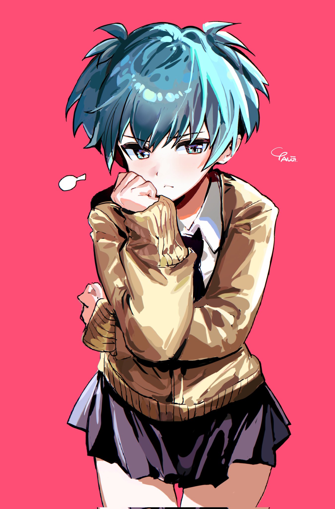 tanglaoban1225, shiota nagisa, ansatsu kyoushitsu, corrupted twitter file, highres, 1boy, aqua hair, black necktie, black skirt, blue eyes, blue hair, cardigan, collared shirt, cowboy shot, crossdressing, crossdressing (mtf), hand on own cheek, hand on own face, long sleeves, male focus, multicolored eyes, necktie, open cardigan, open clothes, pleated skirt, pout, red background, shirt, short hair, short twintails, sidelocks, signature, simple background, skirt, sleeve cuffs, sleeves past wrists, solo, standing, sweater, thighs, twintails, white shirt, yellow cardigan, yellow sleeve cuffs, yellow sweater
