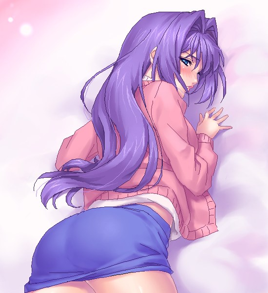 zen, minase akiko, kanon, 1girl, female focus, hair intakes, long hair, mature female, purple hair, solo, sweater