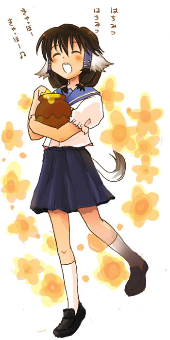 aki (saprism), aruruu, utawarerumono, 00s, animal ears, closed eyes, honey, honeypot, school uniform, serafuku, solo, tail
