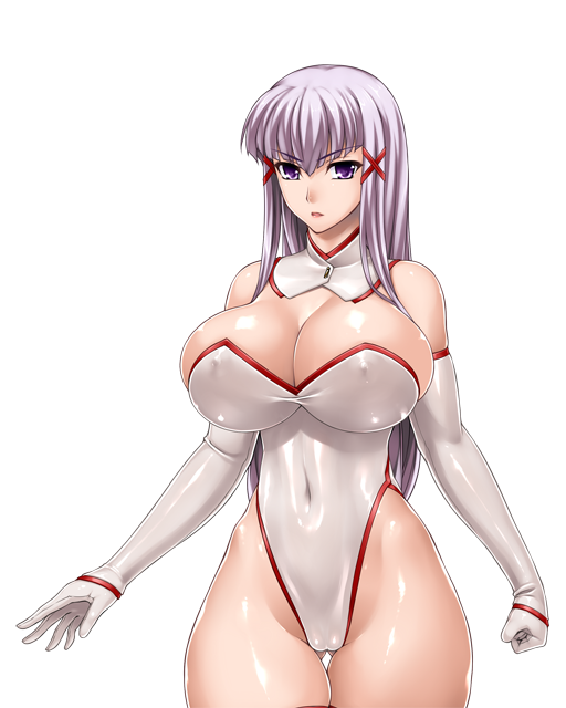rindou (radical dream), enjou sakuya, original, game cg, non-web source, variant set, 1girl, bare shoulders, breasts, bursting breasts, cameltoe, cleavage, covered erect nipples, covered navel, cowboy shot, curvy, detached collar, elbow gloves, gloves, gluteal fold, hair ornament, highleg, highleg leotard, huge breasts, leotard, long hair, looking at viewer, matai toshi, open mouth, purple eyes, shiny clothes, shiny skin, skin tight, skindentation, solo, strapless, strapless leotard, thick thighs, thigh gap, thighhighs, thighs, thong leotard, transparent background, white gloves, white thighhighs, wide hips