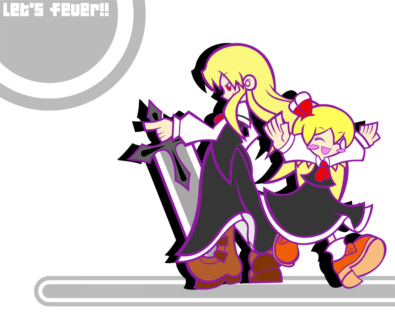 dokuro (pixiv), ikasui (okakenn1224), ex-rumia, rumia, embodiment of scarlet devil, madou monogatari, puyopuyo, puyopuyo fever, touhou, 2girls, blonde hair, dual persona, english text, engrish text, female focus, multiple girls, parody, ranguage, red eyes, ribbon, smile, style parody, sword, weapon