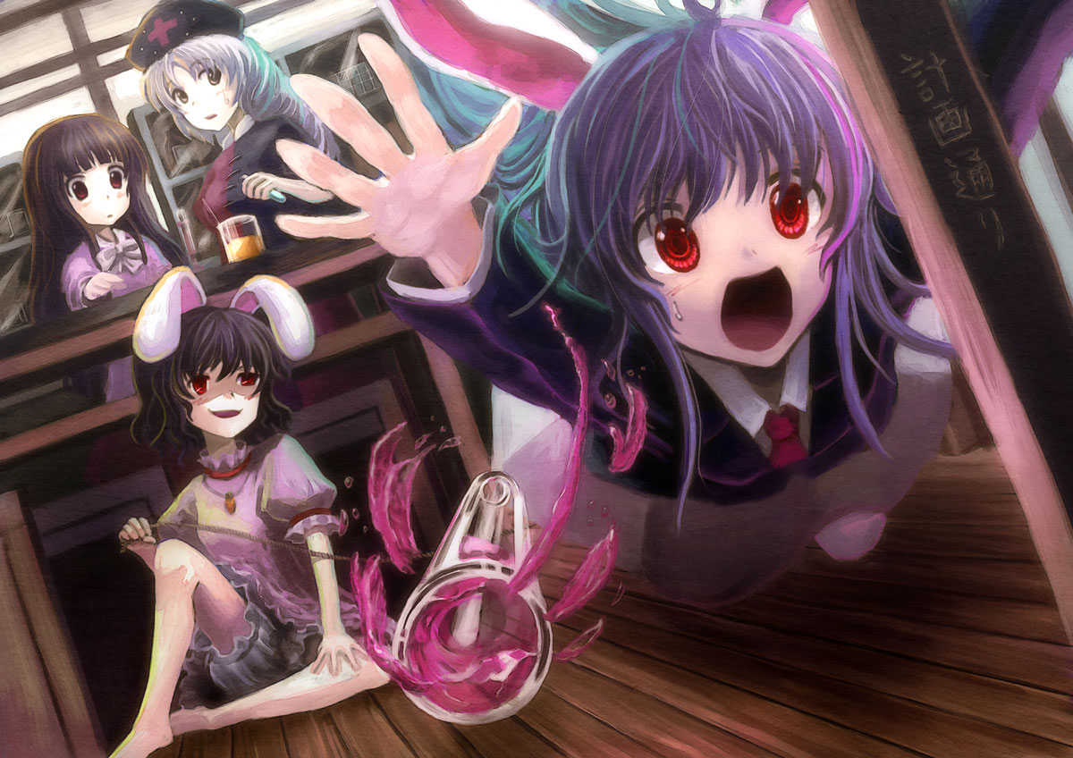 hyuuga azuri, houraisan kaguya, inaba tewi, reisen udongein inaba, yagokoro eirin, touhou, 4girls, animal ears, barefoot, beaker, black hair, bloomers, falling, female focus, flask, foreshortening, hat, just as planned (meme), long hair, meme, multiple girls, prank, purple hair, rabbit ears, red eyes, ribbon, short hair, spill, sweatdrop, test tube, tripping, underwear, white hair
