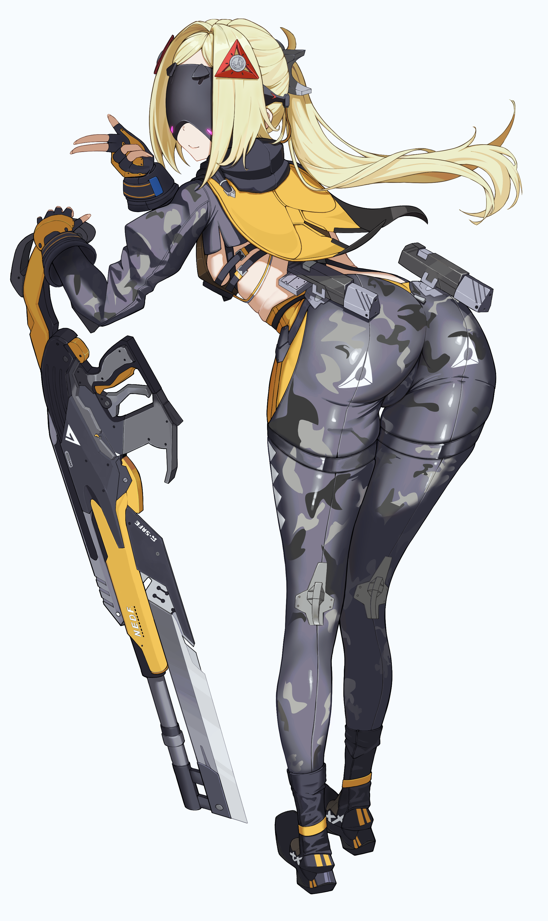 higasino3ldk, trigger (zenless zone zero), zenless zone zero, absurdres, highres, 1girl, ass, assault rifle, black gloves, black mask, black pants, black shirt, black shoes, breasts, eye mask, fingerless gloves, gloves, gun, holding, holding gun, holding weapon, long hair, pants, ponytail, rifle, shirt, shoes, small breasts, smile, solo, weapon