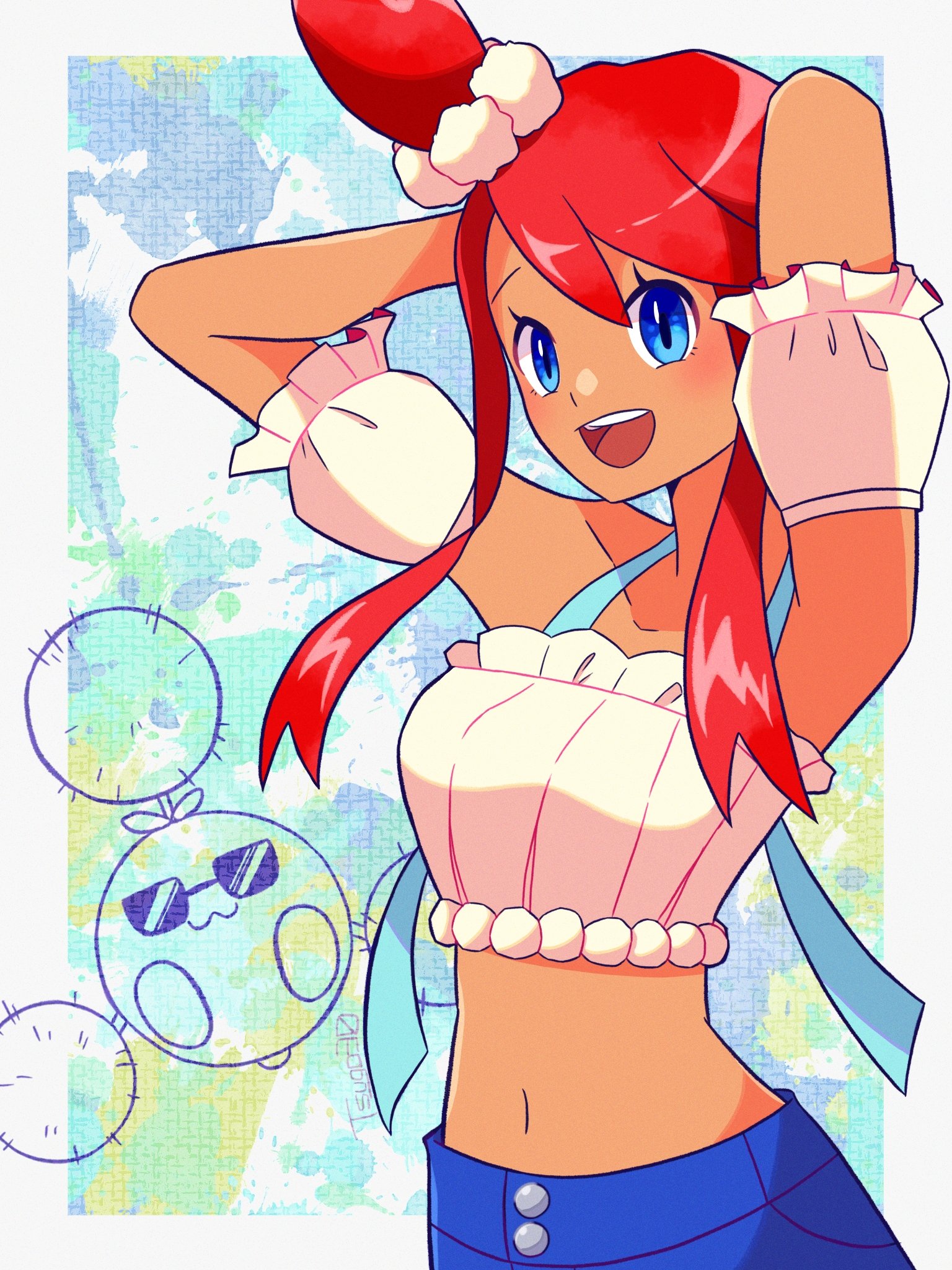 tsugomori (sprn303), jumpluff, skyla (pokemon), skyla (summer 2025) (pokemon), nintendo, pokemon, pokemon masters ex, highres, 1girl, :3, arms up, bare shoulders, bikini, bikini under clothes, bikini under shorts, blue eyes, blue shorts, blush, breasts, collarbone, crop top, denim, denim shorts, gen 2 pokemon, hair ornament, looking at viewer, midriff, navel, off-shoulder shirt, off shoulder, official alternate costume, one side up, open mouth, pokemon (creature), red hair, shirt, short hair with long locks, shorts, sidelocks, smile, sunglasses, swimsuit, teeth, upper teeth only