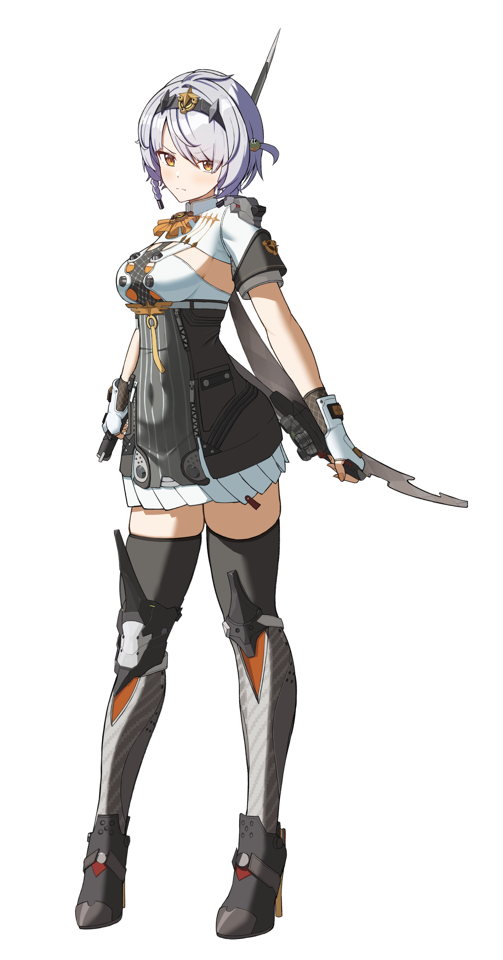 higasino3ldk, anby demara, anby demara (silver soldier), zenless zone zero, absurdres, highres, 1girl, black shoes, black skirt, black thighhighs, high heels, holding, holding behind back, holding sword, holding sword behind back, holding weapon, holding weapon behind back, official alternate costume, shoes, short hair, skirt, solo, sword, thighhighs, two side up, weapon, white hair, yellow eyes, zettai ryouiki