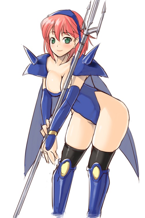 nagase haruhito, dragoon (final fantasy), lenna charlotte tycoon, final fantasy, final fantasy v, 1990s (style), 1girl, boots, breasts, cleavage, dragoon, elbow gloves, female focus, gloves, hairband, large breasts, pink hair, polearm, retro artstyle, short hair, solo, spear, thigh boots, thighhighs, weapon