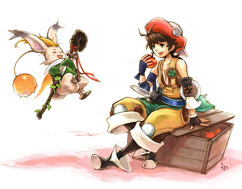 mikeneko ringo, uroko, uroko (mnr), luso clemens, montblanc, moogle, final fantasy, final fantasy tactics, final fantasy tactics a2, final fantasy tactics advance, bad id, bad pixiv id, eating, gloves, hat, smile
